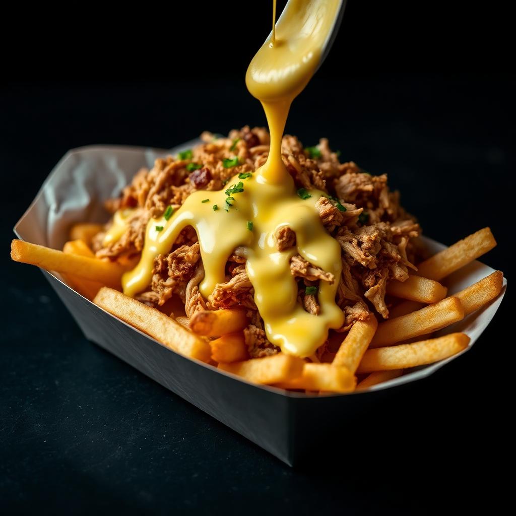 Shawarma loaded cheesy fries in a paper tray, cheese sauce being poured over the top